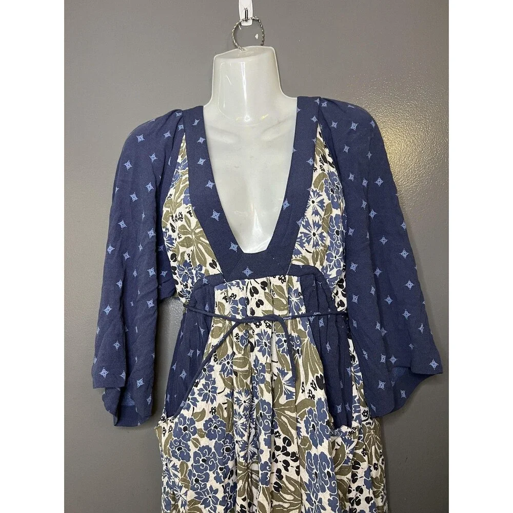 Free People Dress Womens Medium Blue Floral V Neck Kimono Sleeve Boho Short